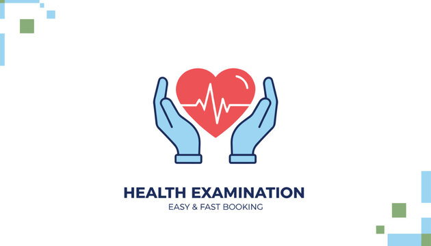 Professional health examination banner with a red heart and cardiogram line protected by blue medical gloved hands.