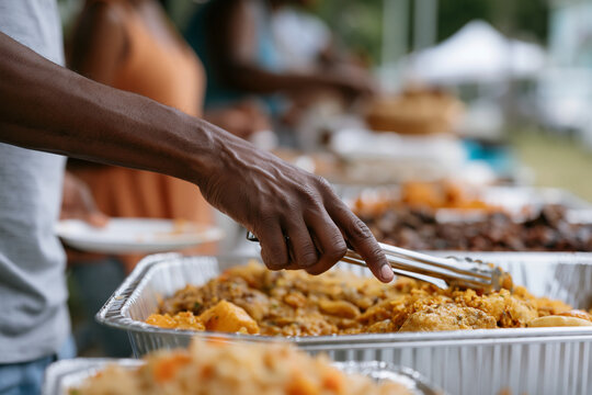 Hand selects food from a tray at an outdoor gathering. Guests enjoy a shared meal under open skies. Warm tones glow from golden dishes and natural light. Moment of connection, shared sustenance