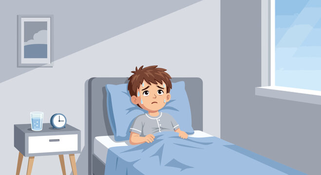 Illustration Of A Sick Child In Bed Feeling Ill And Suffering From Fever In The Bedroom Setting