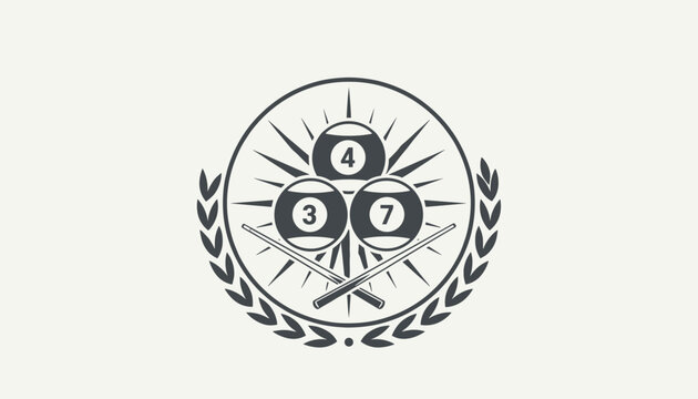 Vintage style billiard logo featuring three pool balls with numbers, crossed cue sticks, rays, and a laurel wreath.