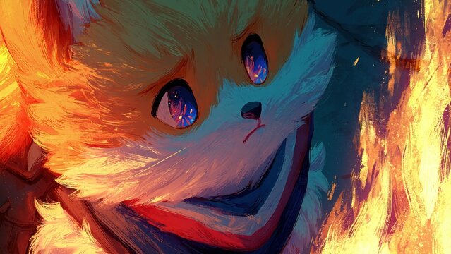 Fox looking up at bright yellow fire with cinematic lighting.