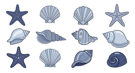 Collection of Various Seashells and Starfish Illustrations. © Wita