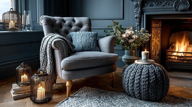 Cozy fireplace corner with comfortable armchair, warm lighting, soft textures, and decorative elements creating a peaceful, intimate, and relaxing home setting during cold seasons