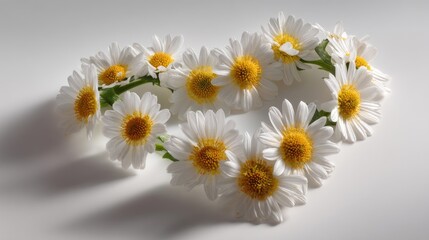 Obraz premium Beautiful Heart-Shaped Arrangement of Fresh White Daisies with Yellow Centers on Soft Background