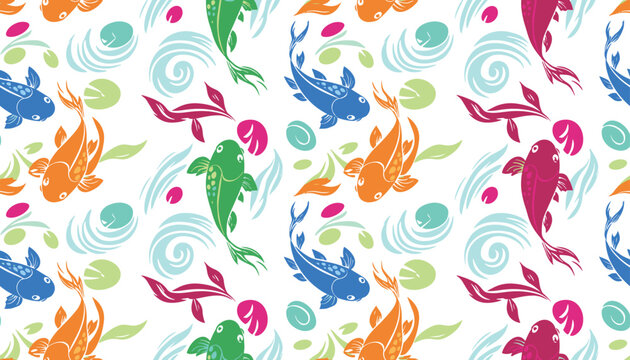 Seamless pattern of colorful koi fish swimming in water with water lilies and green leaves on a clean white background.