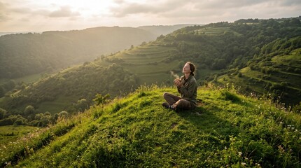 Naklejka premium Woman meditating in nature, embracing slow living and digital detox with a cup of tea on a serene hilltop.