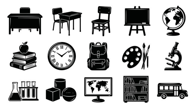 Black and White Education and School Supplies Glyph Icons Set. Learning Tools and Academic Items Silhouette Collection.