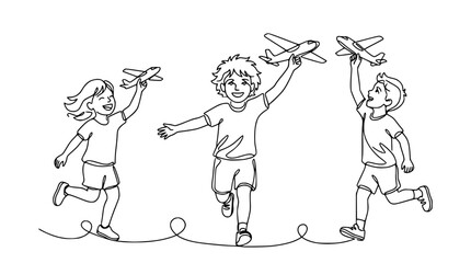 Fototapeta premium Happy Kids Playing with Toy Airplanes Outdoors, Running and Jumping with Joy