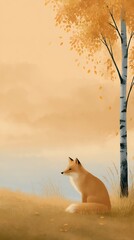 Fototapeta premium Autumn fox by birch tree in golden light