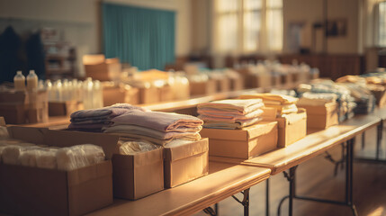 Warmly Lit Donation Center with Organized Humanitarian Aid Supplies, Clothing Bundles, and Essential Goods on Wooden Tables, Evoking Compassion and Community Support for Charity and Welfare
