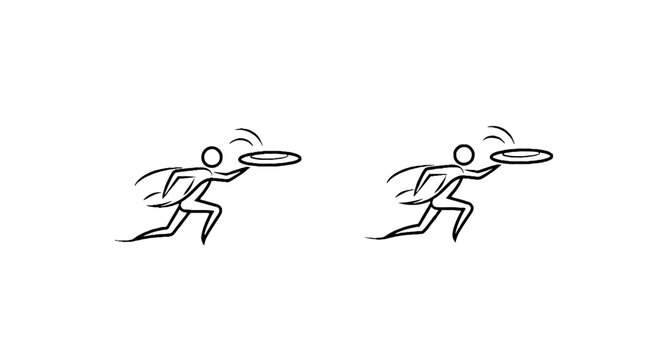 Two stick figures playing with frisbees in motion.