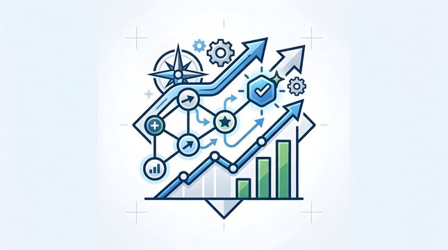 Modern flat line vector illustration of a business performance optimization and strategic efficiency concept. Features a dynamic interconnected roadmap network with data nodes, rising green bar graphs