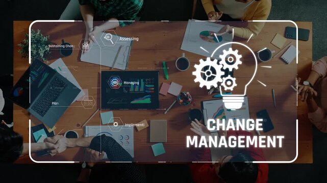 A collaborative workspace showcasing change management strategies with teams discussing innovative approaches, planning, assessing, and implementing effective business changes. Raster