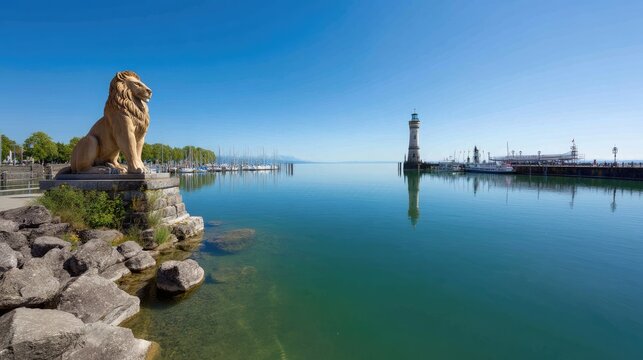 Scenic View of a Lion Sculpture Beside a Calm Lake with a Lighthouse and Clear Blue Sky