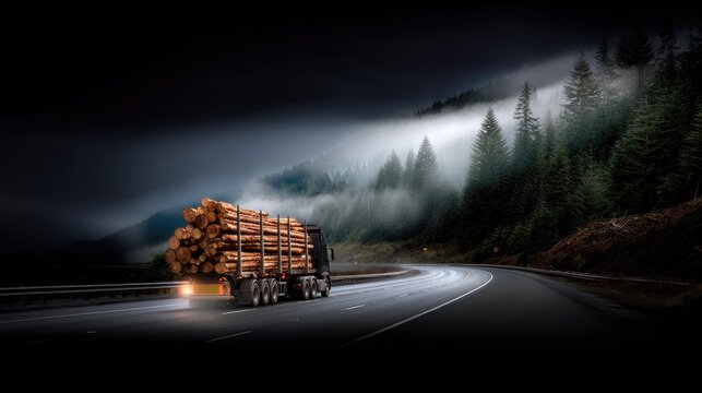 Logging Truck on Mountain Road Surrounded by Mist and Pine Trees at Dusk