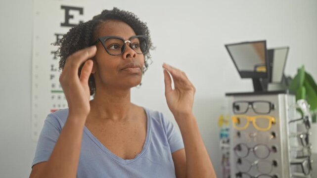 Woman adjusts glasses and checks an eye chart in a clinic building while testing frames and posture; vision care thoughtful.