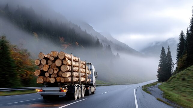Truck Transporting Logs Through Foggy Mountain Road Surrounded by Green Forest and Majestic Peaks