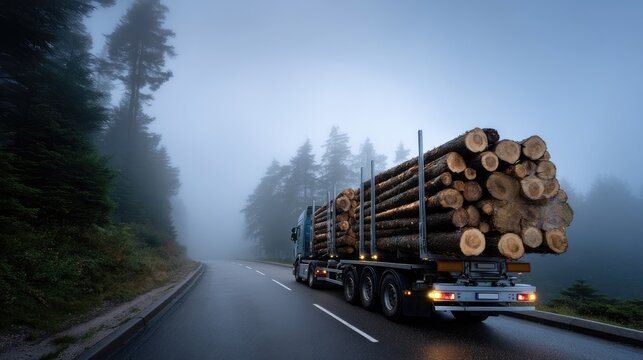 Tranquil Scene of a Logging Truck Transporting Timber Through Foggy Forested Road at Dusk