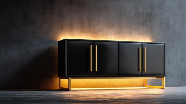 Elegant Modern Black Cabinet with Illuminated Base Showcasing Contemporary Interior Design Aesthetic in Minimalistic Space