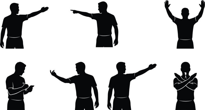 Soccer Referee Hand Signal Silhouette Vector Set with Official Match Gesture Collection