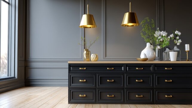 Elegant Modern Interior Decor with Stylish Black Cabinet and Gold Lighting Fixtures for Contemporary Home Design
