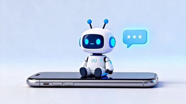 Robot on smartphone with chat bubble