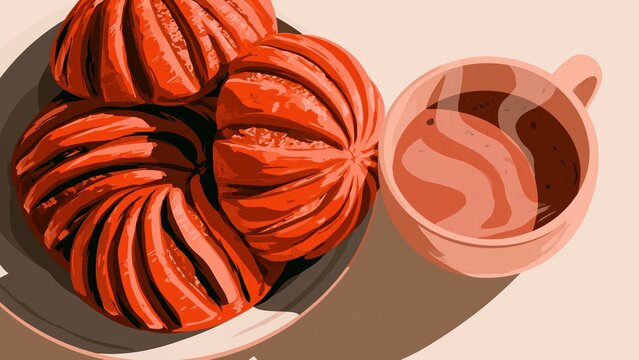 Vector illustration of concha sweet bread and hot chocolate.