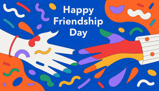 Colorful abstract vector illustration of two hands touching for friendship celebration.