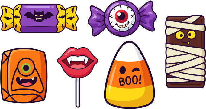 Spooky Halloween cartoon candy vector icon set with candy corn eyeball monster vampire lips and mummy bar