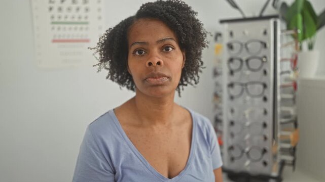 Young woman looking at camera with eyeglasses rack and eye chart in optometry clinic, slight head tilt and neutral expression; thoughtful concern.