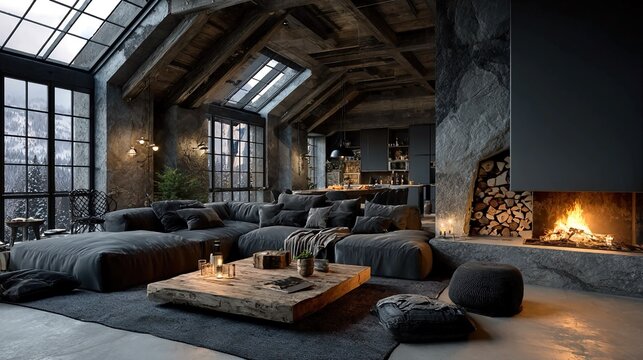 Cozy winter living room interior in modern chalet with fireplace, neutral furniture, warm lighting, rustic minimalist design, Scandinavian-inspired decor, natural daylight, contemporary style