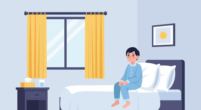 Illustration Of A Sad Boy Sitting On Bed With Symptoms Of Illness In His Bedroom