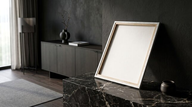 Elegant blank cream-colored picture frame mock-up, leaning on a luxurious dark marble surface in a sophisticated modern interior setting, ready for custom art or design display