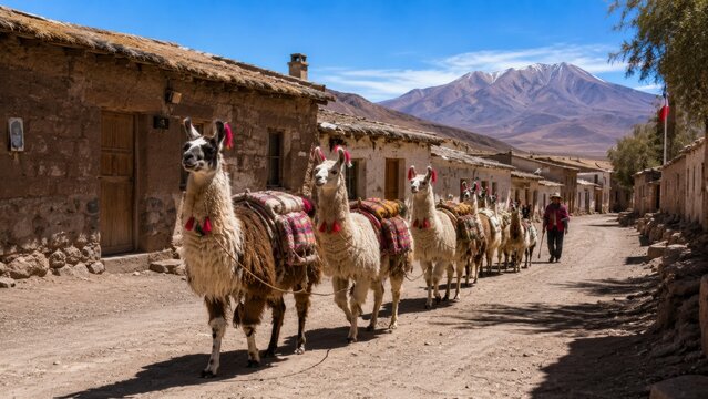 Herd of Llamas Walking Along Rural Village Street with Mountain Landscape Background