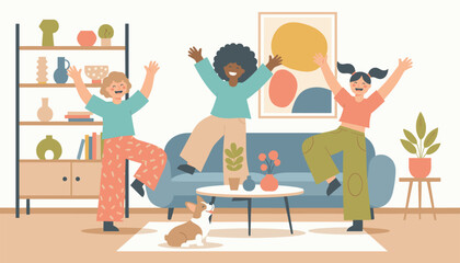Fototapeta premium Diverse group of young girls dances and jumps happily in a cozy living room with their cute pet corgi watching them.