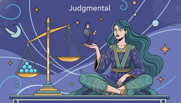 Stylized illustration depicting a judgmental figure weighing actions on a golden balance scale against a celestial cosmic sky.