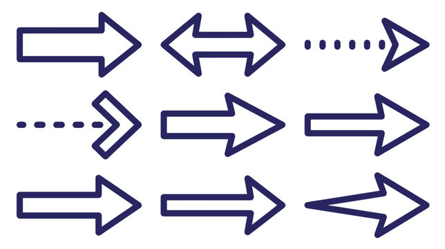 Nine dark blue outline right-pointing arrows, including dotted lines, double-headed arrows, and simple geometric isolated on a white background, for digital navigation, and user wallpaper background