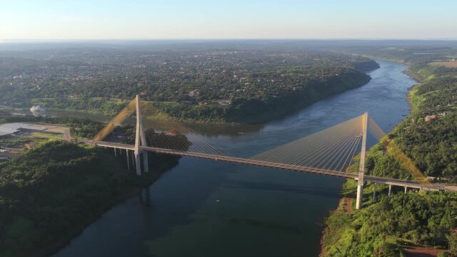 Integration Bridge spanning the Paran&aacute; River below the Iguazu River confluence between Foz do Igua&ccedil;u, Paran&aacute;, Brazil, and Presidente Franco, Alto Paran&aacute;, Paraguay, drone orbit