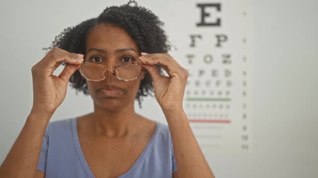 Young woman puts on glasses in clinic, adjusting frames while facing an eye chart and holding lenses for a vision check; quiet concentration.