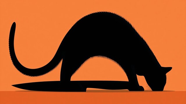 Black cat silhouette stretching its back over a large kitchen knife.