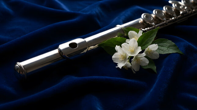 Elegant silver flute lip plate and keys decorated with fresh white jasmine flowers on deep blue velvet cloth