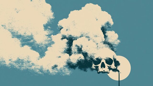 Skull shaped smoke billowing from a smokestack across a moon.