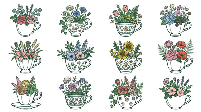Colorful floral bouquets in vintage teacups illustration.