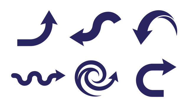 A collection of six dark blue arrow with curved, wavy, and circular shapes wallpaper background, isolated on a, white background, indicating, rotation, flow, and, directional movement in layouts