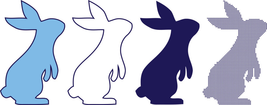 Vector set of four distinctive rabbit silhouettes in various styles and colors