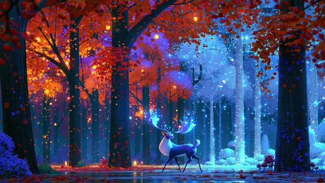 Glowing magical stag walking through dark autumn forest.