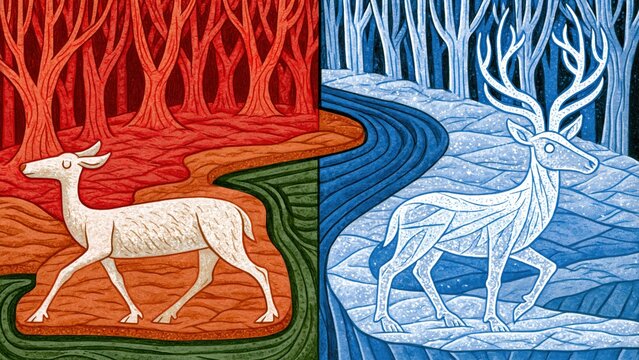 Woodcut illustration of split autumn deer and winter stag.