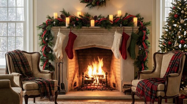 Cozy Christmas Fireplace with Festive Decorations