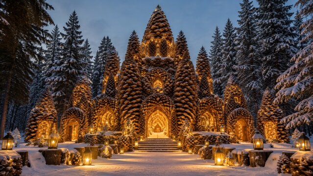 Illuminated Gothic Church Exterior at Night with Snow Covered Trees and Warm Lights