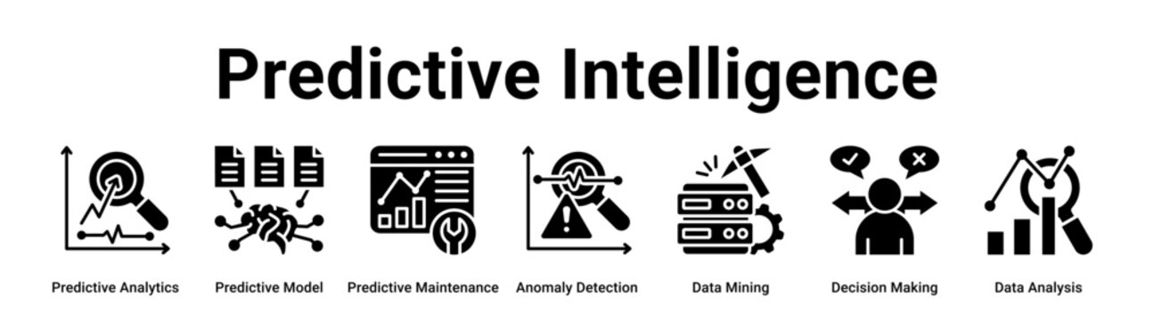 Predictive Intelligence web banner icon vector illustration concept for technology with icon of Predictive Analytics, Predictive Model, Predictive Maintenance, Anomaly Detection, Data Mining,.
